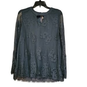 Ultra Pink Green floral lace long sleeve women's blouse with cut out